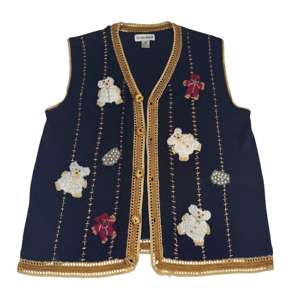 Victoria Woman Vintage Teddy Bear Knit Vest 2X Black Crochet Trim Granny Cottage